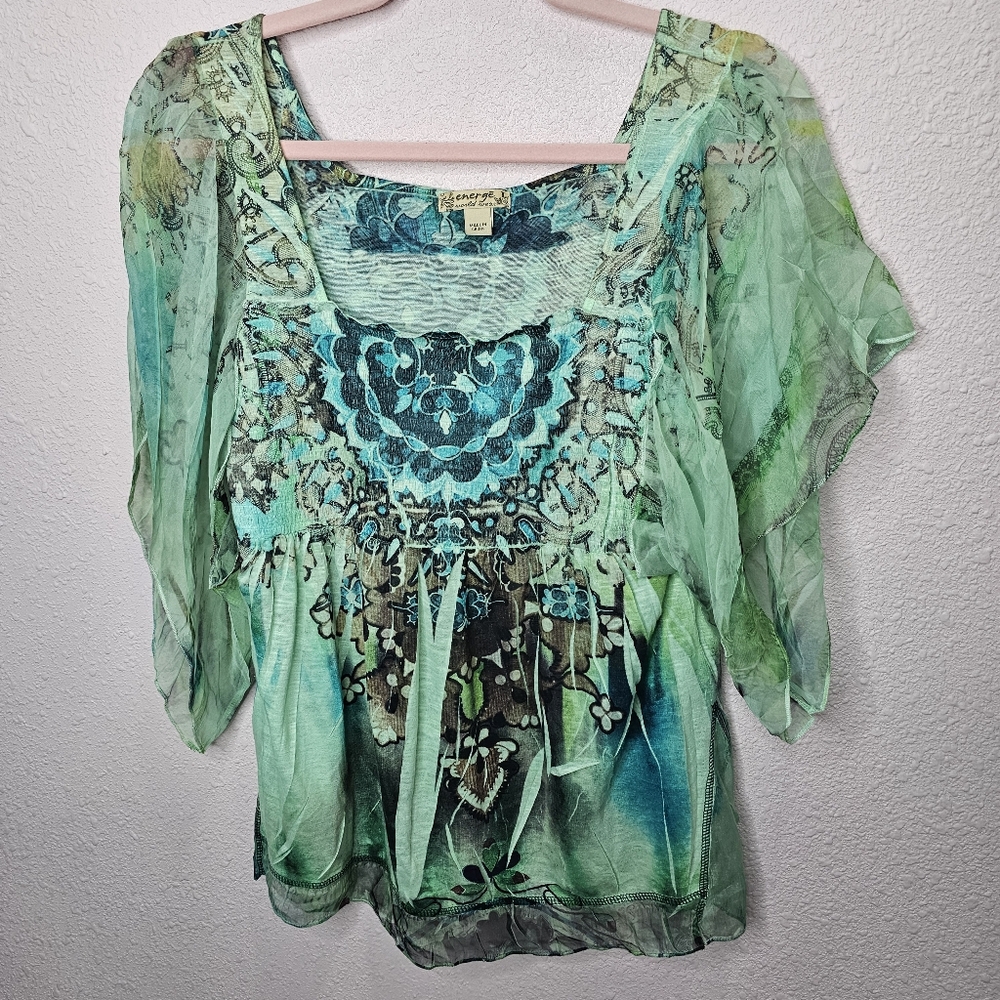 Energie Blouse Womens L Green Blue Boho Top Flutter Sleeve‎ Floral Forrest Fairy